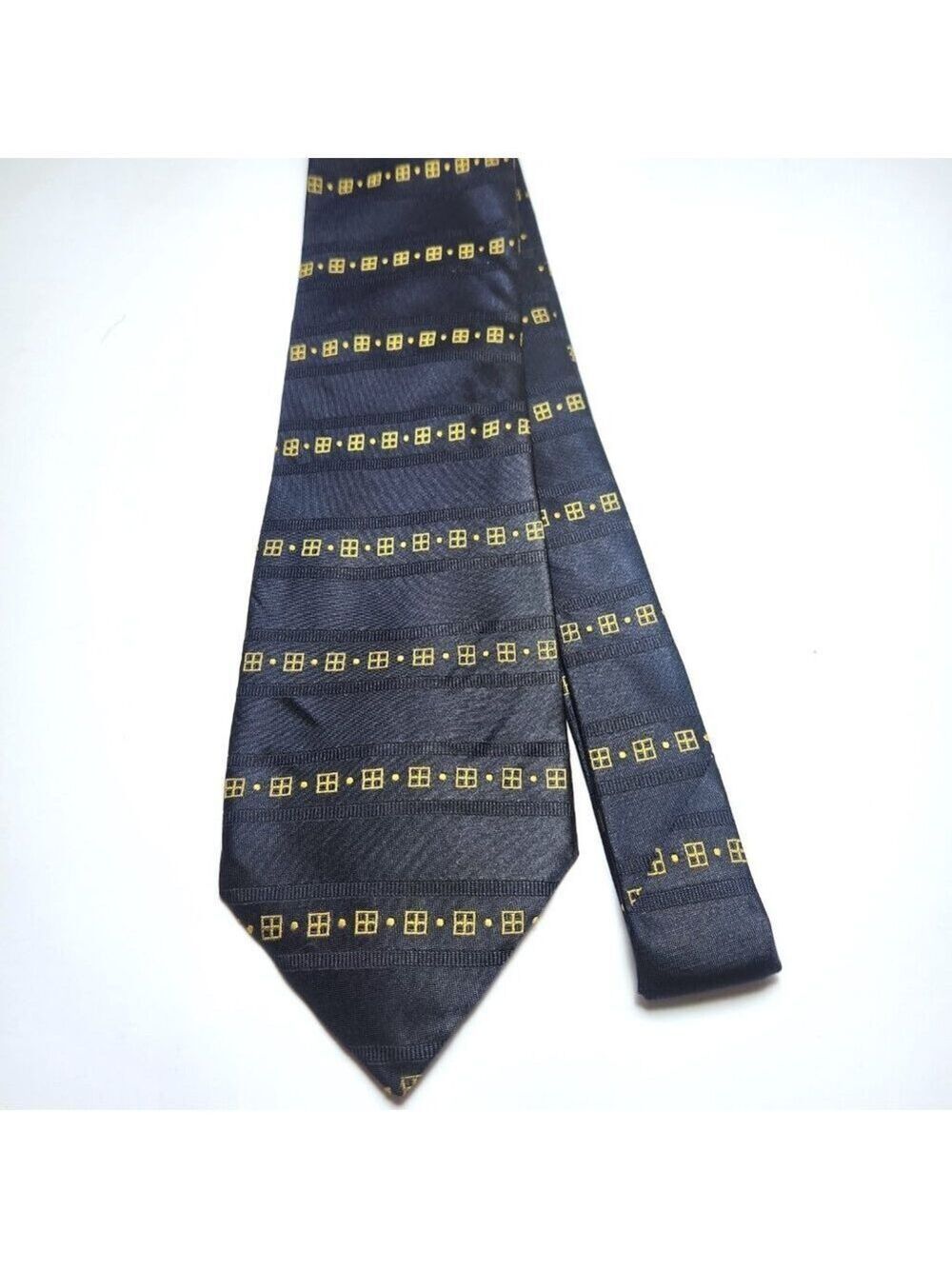 Mario Valentino Tie Men's Necktie Made in Italy 100% Silk Navy Blue with Yellow
